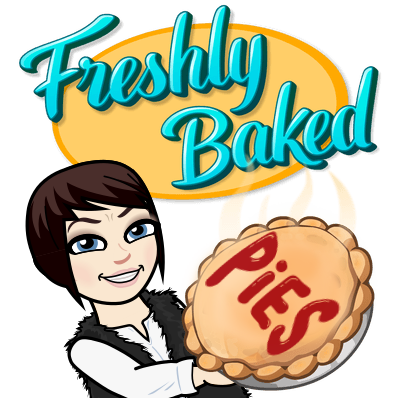 an illustration of Jenn as a Bitmoji character, holding a pie with the words Freshly Baked Pies" on the picture