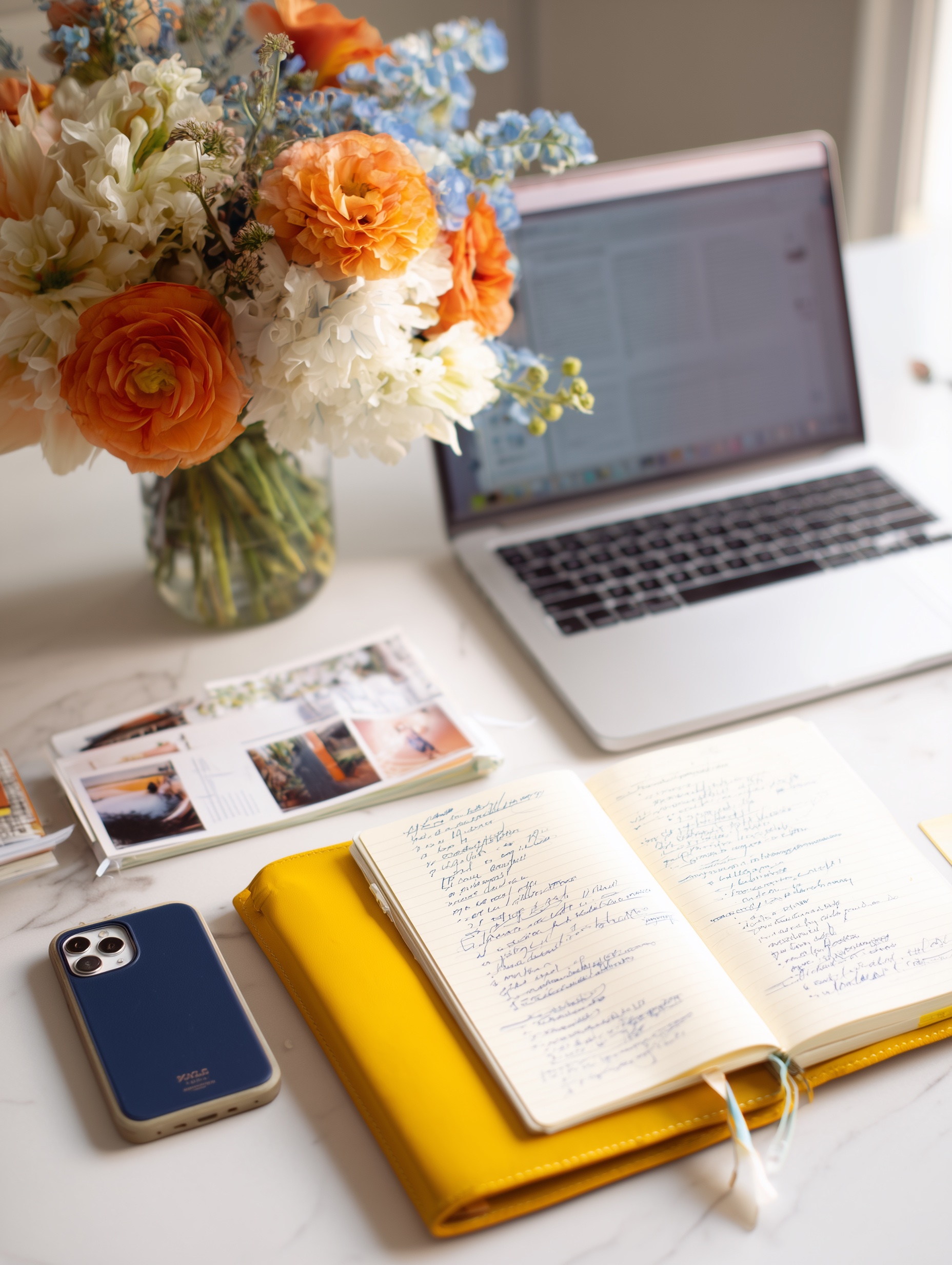 photo of laptop, notebook, phone, and vase of flowers - all sitting on a desk